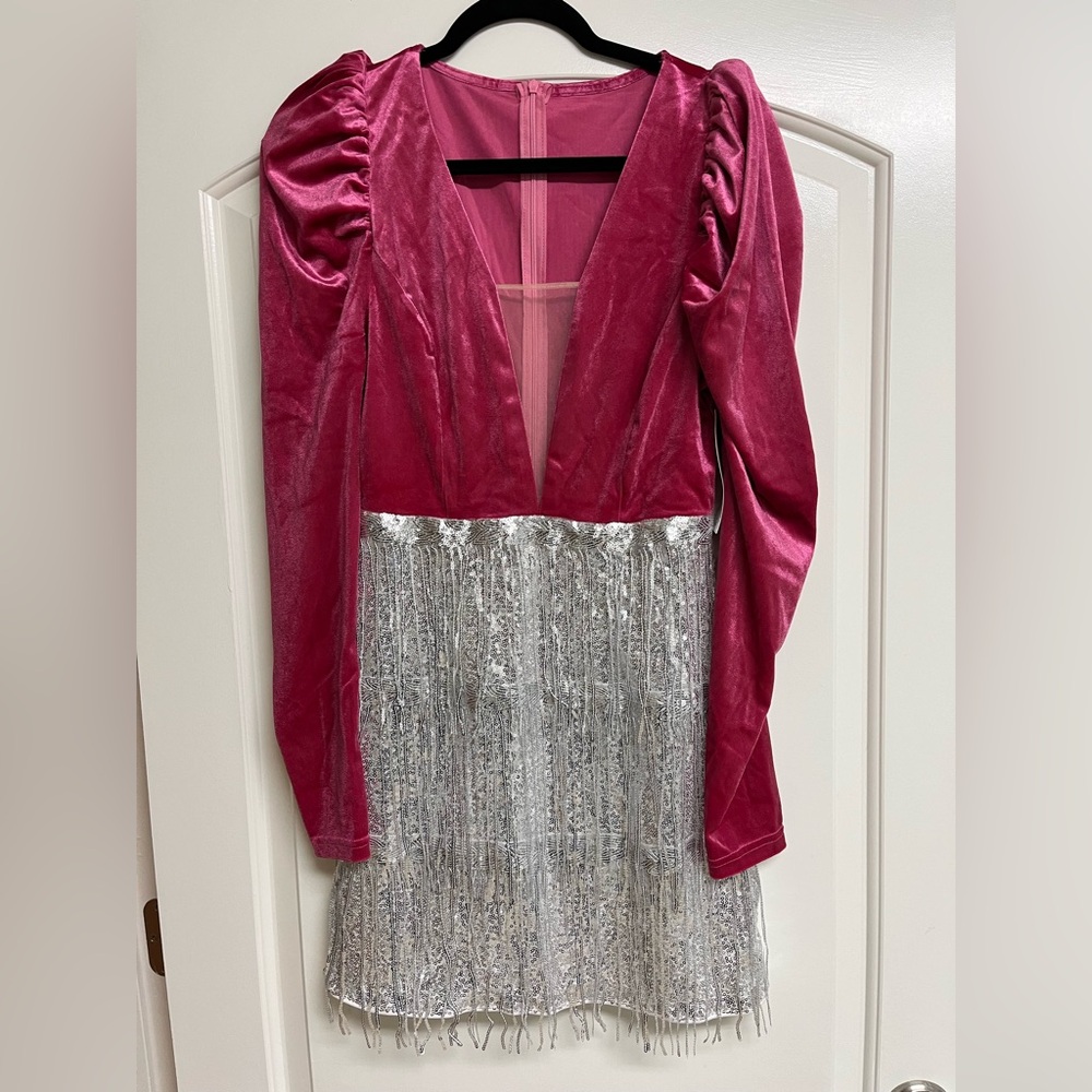 Plunging Neck long Gigot Sleeve Sequin Fringe mini Dress